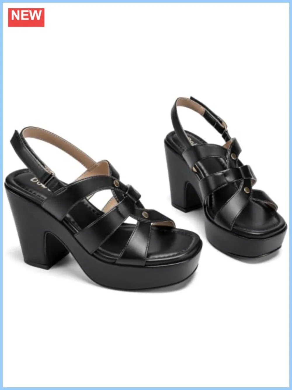 Chunky Block Heel Platform Sandals Square Open Toe Ankle Strap PU Faux Leather